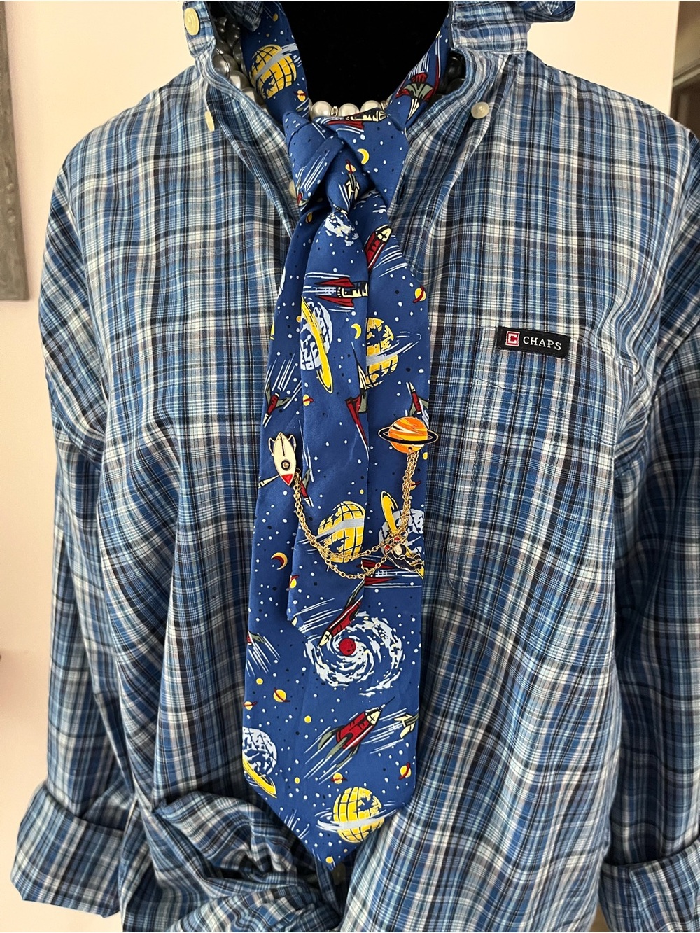 Upcycled Blue Silk Space-Print Tie Necklace with Astronaut pin embellishment